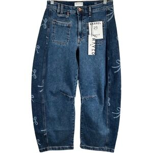 Frayed Jeans Womens 25 Barrel Ankle Bow Print High Rise Patch Pocket Denim Blue